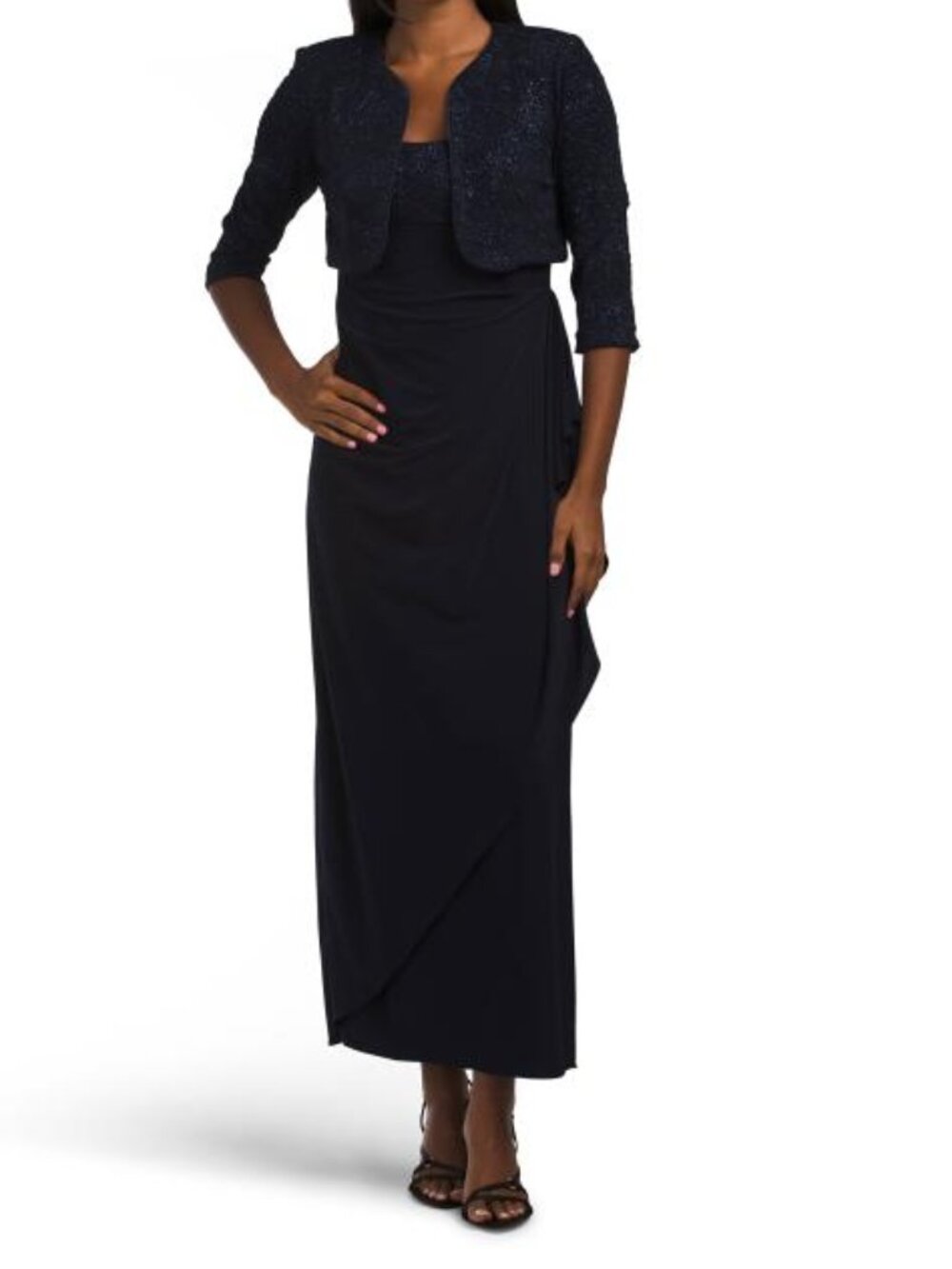 ALEX EVENINGS Petite Side Ruched Jacquard Knit Gown And Jacket